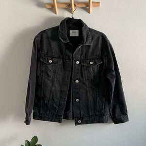 Girls' Zara distressed black jean jacket. Size 13-14. Some discoloring in photos